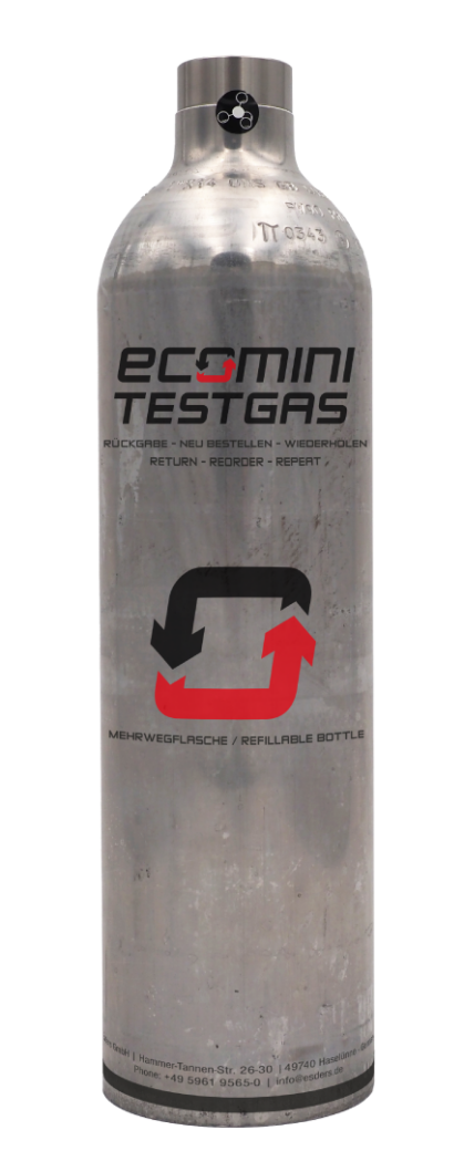Ecomini Testgasflasche mit Label - so sieht die Flasche aus.